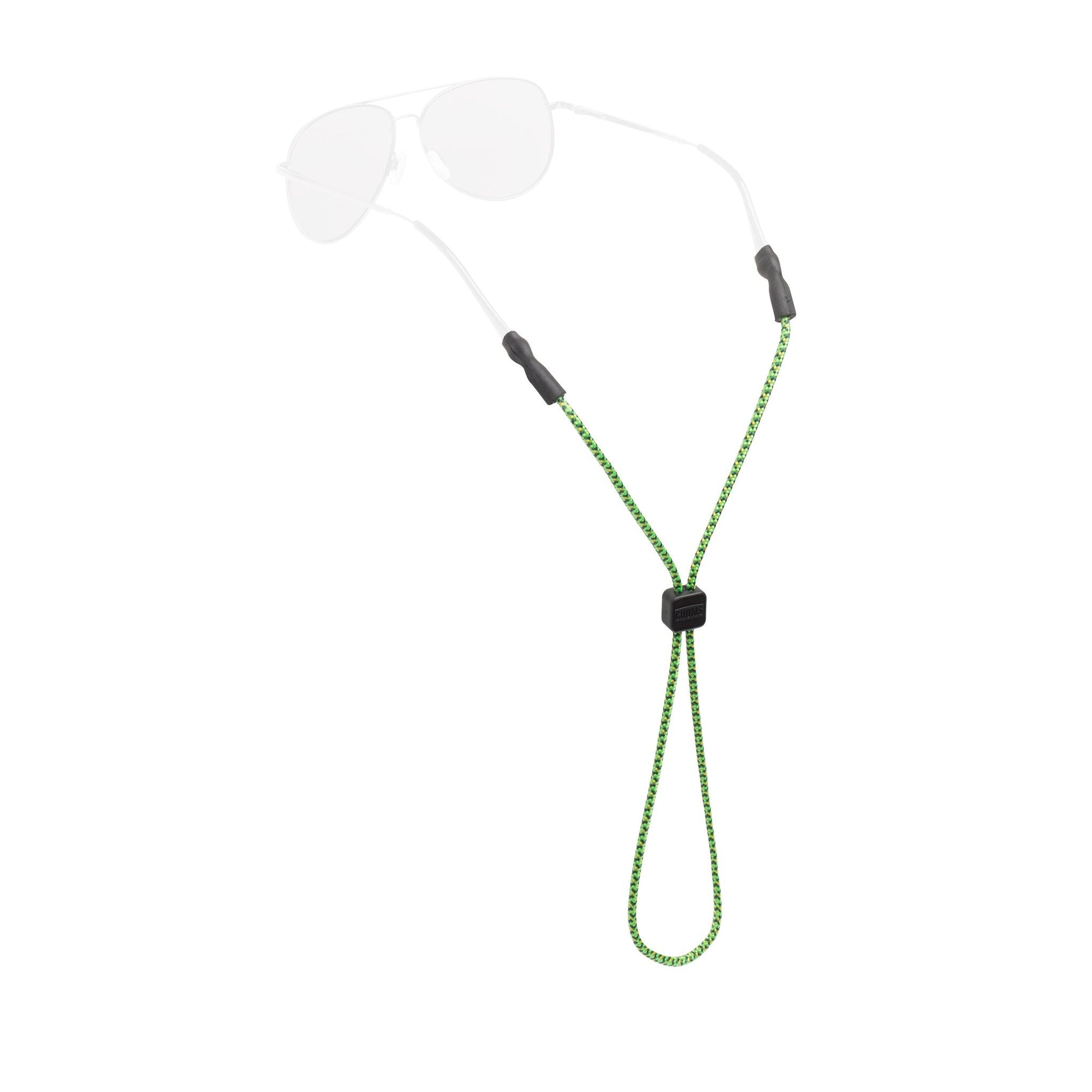 Green rope eyewear retainer with adjustable slider and ear grips displayed on white background