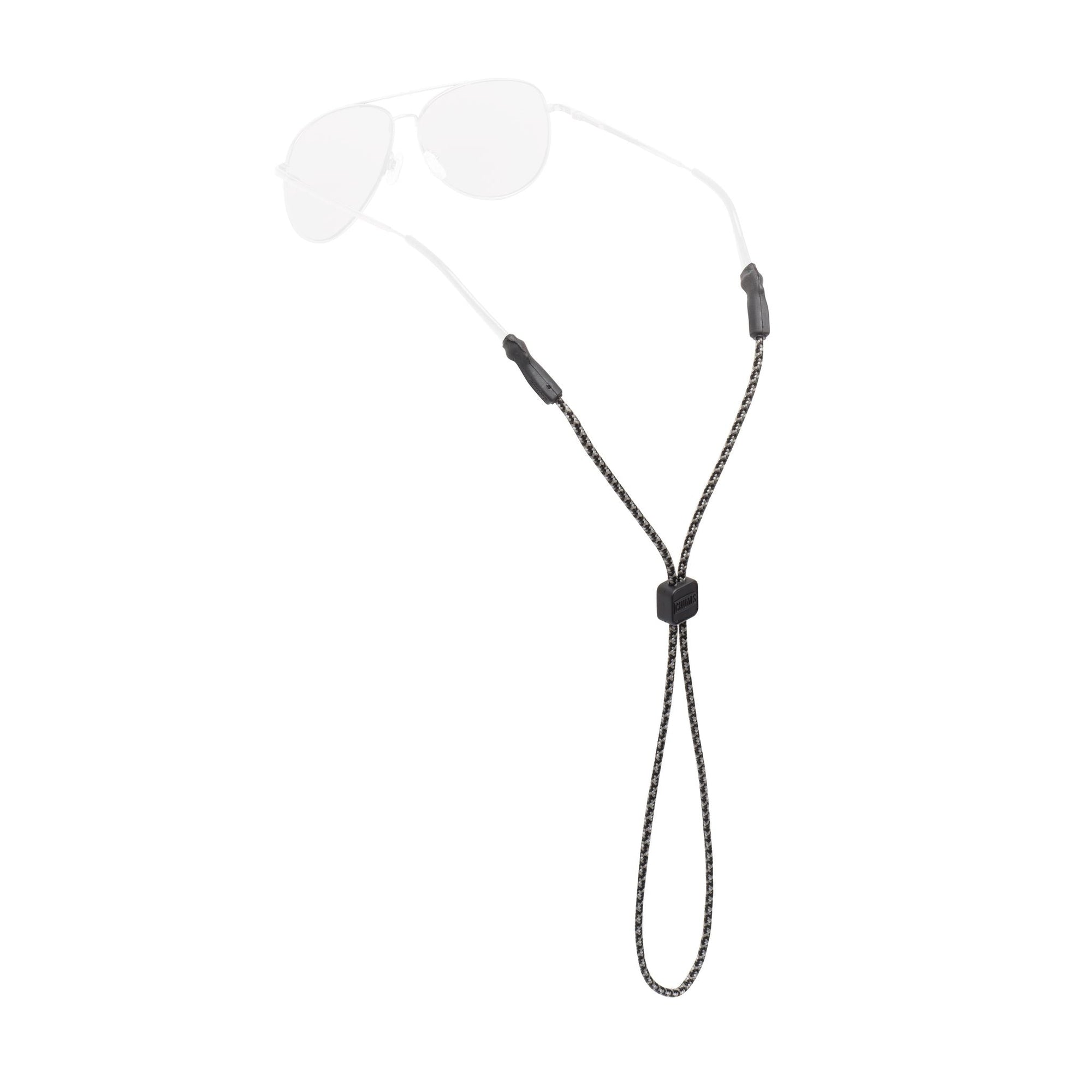 Black rope eyewear retainer with adjustable slider bead on white background