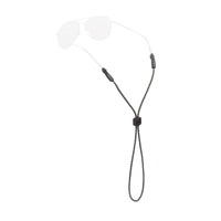 Black rope eyewear retainer with adjustable slider bead on white background