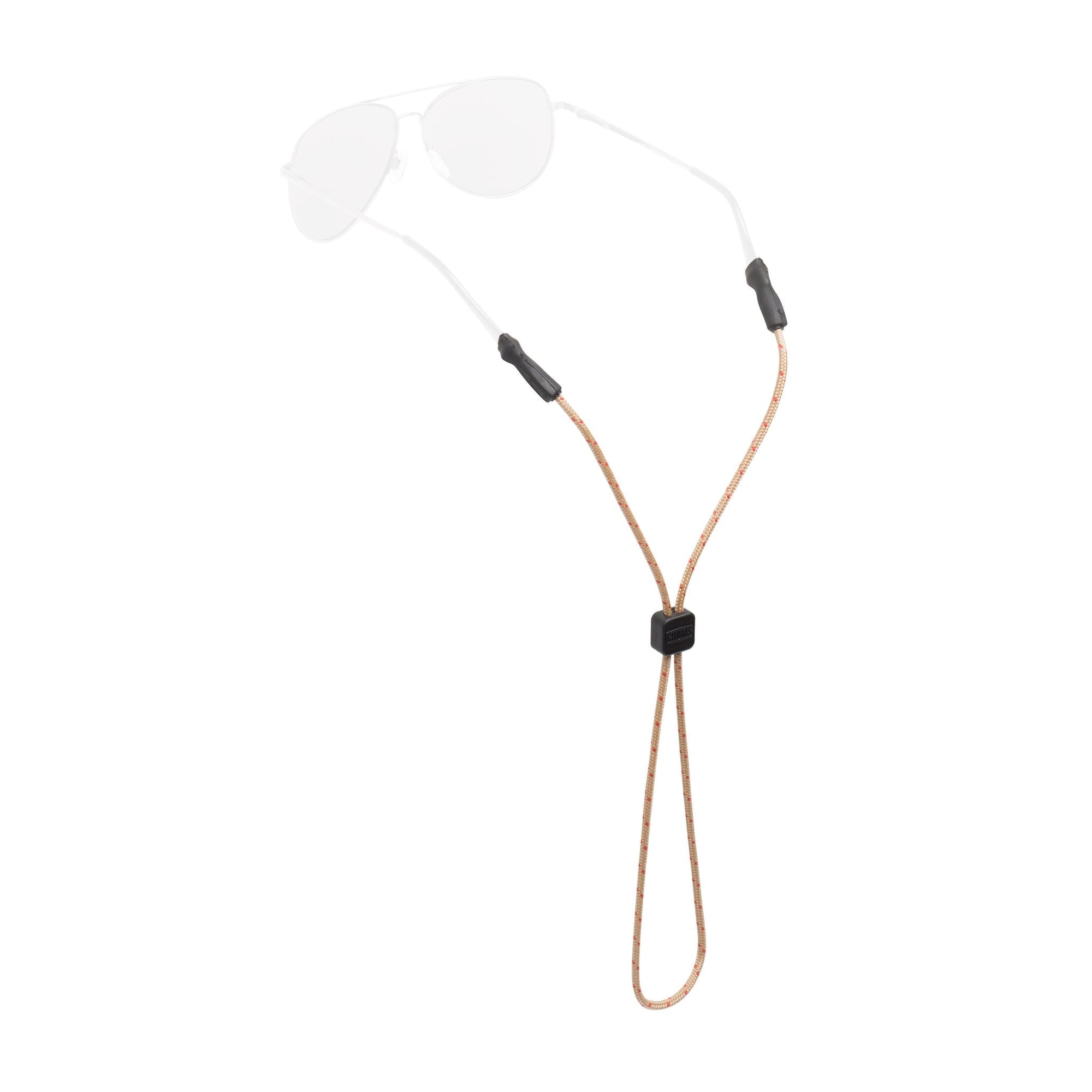 Tan rope eyewear retainer with black end pieces and cord lock on white background