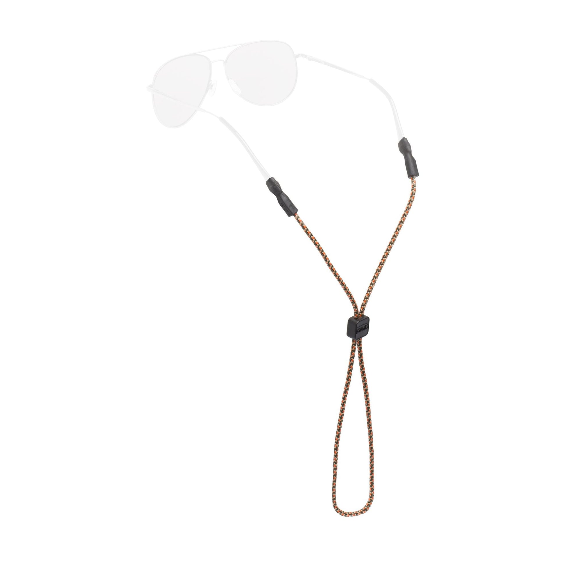Braided rope eyewear retainer with black adjustable slider and temple grips on white background