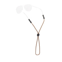Braided rope eyewear retainer with black adjustable slider and temple grips on white background