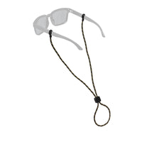 Braided rope eyewear retainer with adjustable slider attached to clear sunglasses on white background