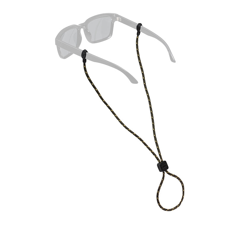 Braided rope eyewear retainer with adjustable slider attached to clear sunglasses on white background