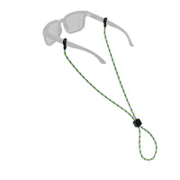 Braided rope eyewear retainer attached to clear sunglasses with adjustable slider