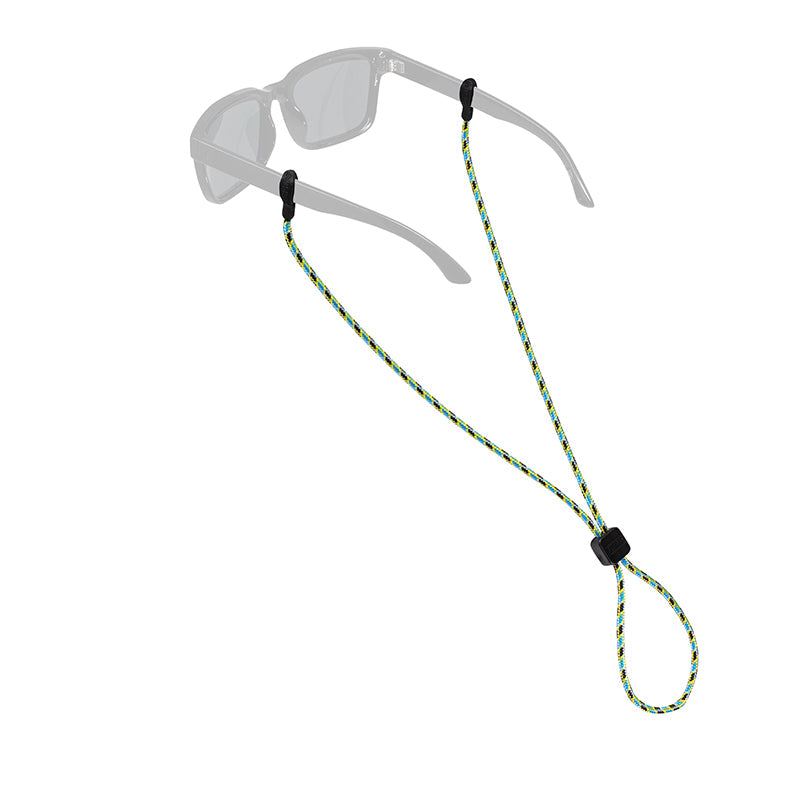 Braided rope eyewear retainer attached to clear sunglasses with adjustable slider