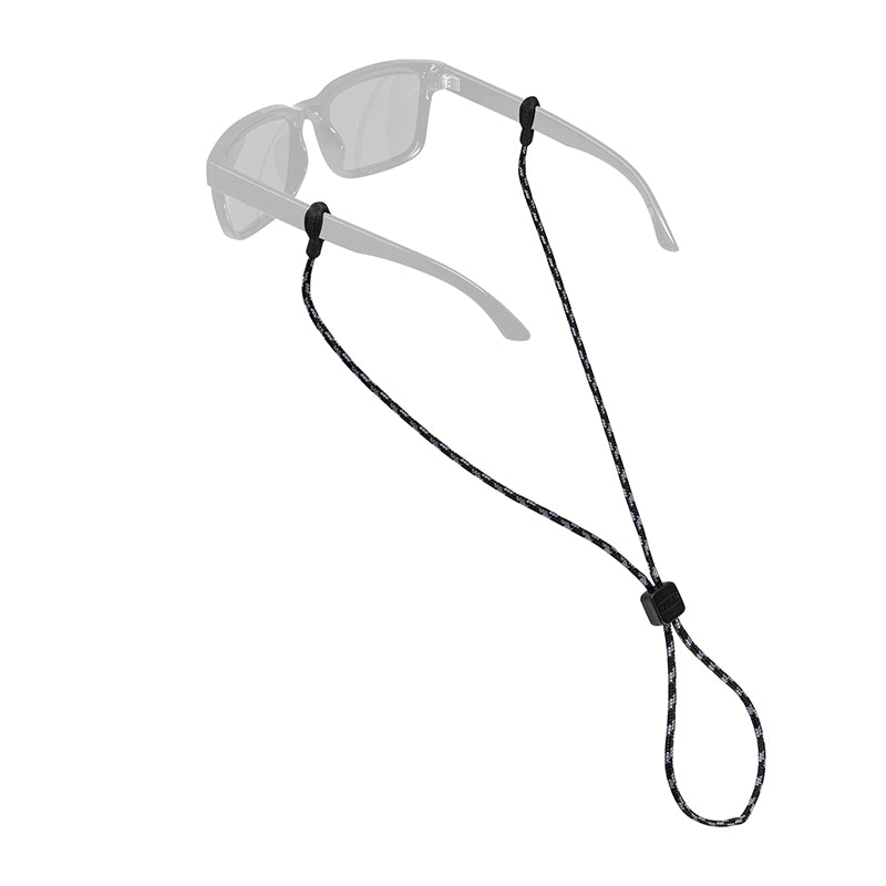 Black rope eyewear retainer attached to clear sunglasses with adjustable slider bead