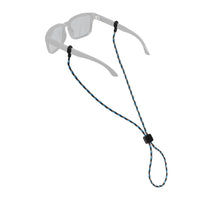 Rope eyewear retainer with blue and black cord attached to clear sunglasses