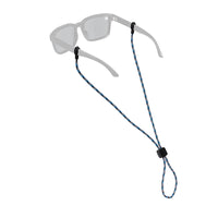 Braided rope eyewear retainer with adjustable slider attached to clear safety glasses
