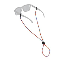 Rope eyewear retainer with red white blue stripes attached to clear safety glasses