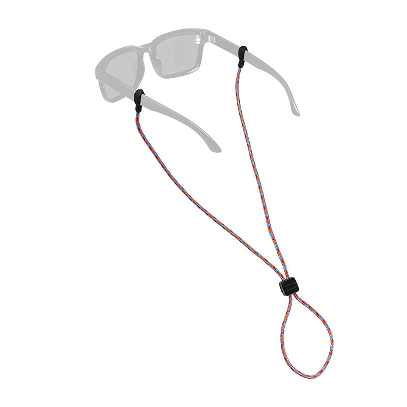 Rope eyewear retainer with red white blue stripes attached to clear safety glasses
