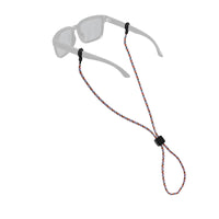 Eyewear retainer with braided rope cord attached to clear sunglasses on white background