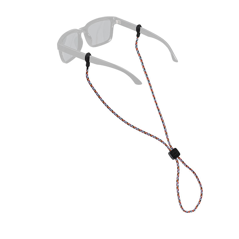 Eyewear retainer with braided rope cord attached to clear sunglasses on white background