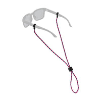 Eyewear retainer with pink and blue braided rope cord attached to sunglasses