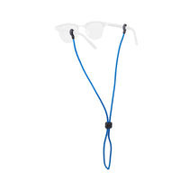Blue rope eyewear retainer with adjustable slider and clear temple grips on white background
