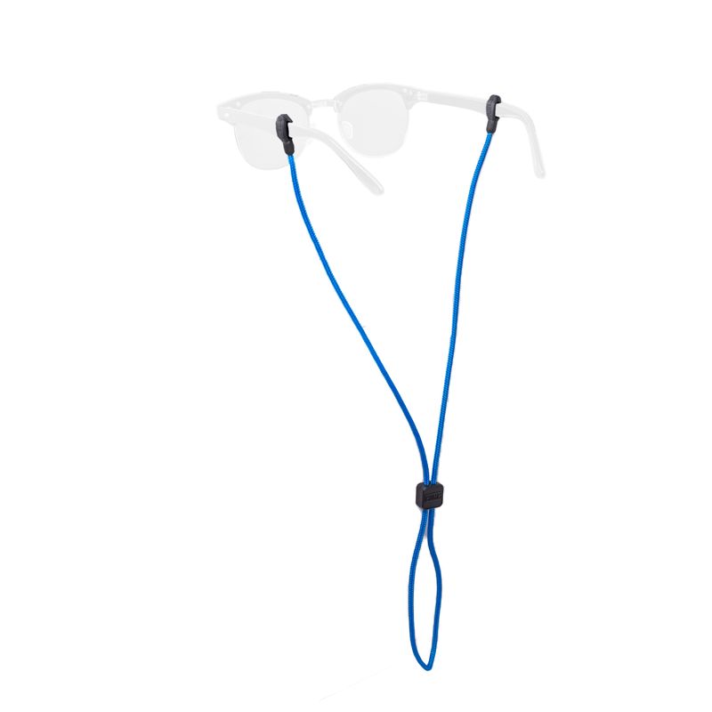 Blue rope eyewear retainer with adjustable slider and clear temple grips on white background