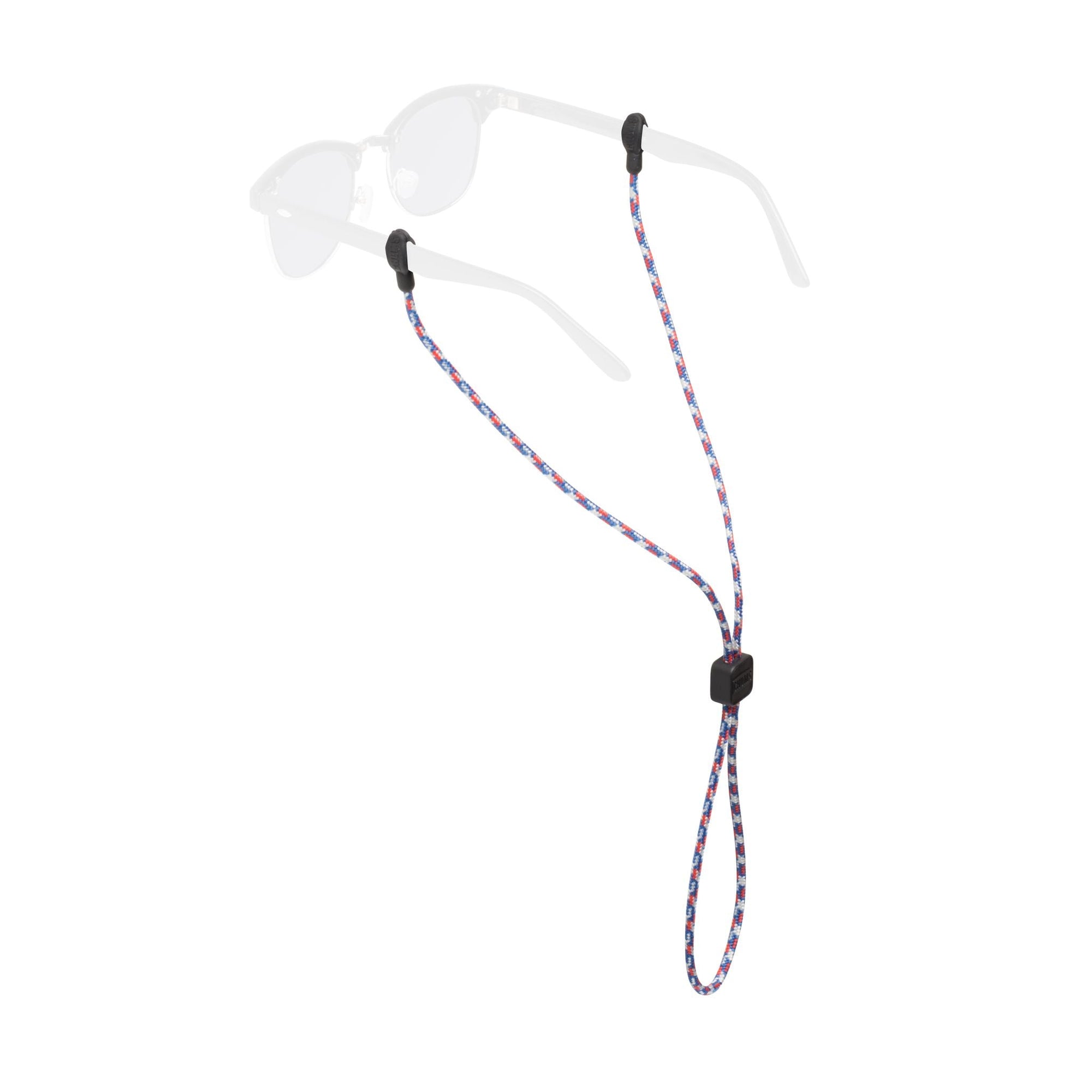 Rope eyewear retainer with red, white and blue braided cord and black adjustable slider