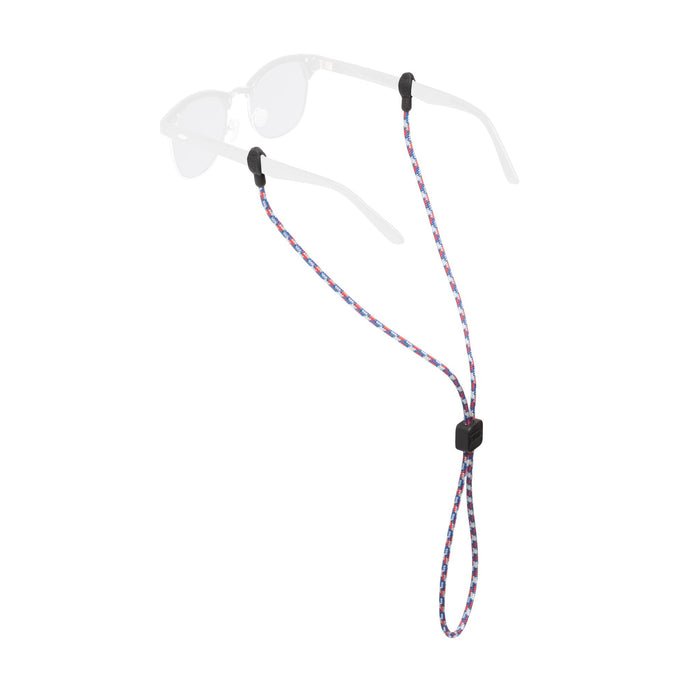Rope eyewear retainer with red, white and blue braided cord and black adjustable slider
