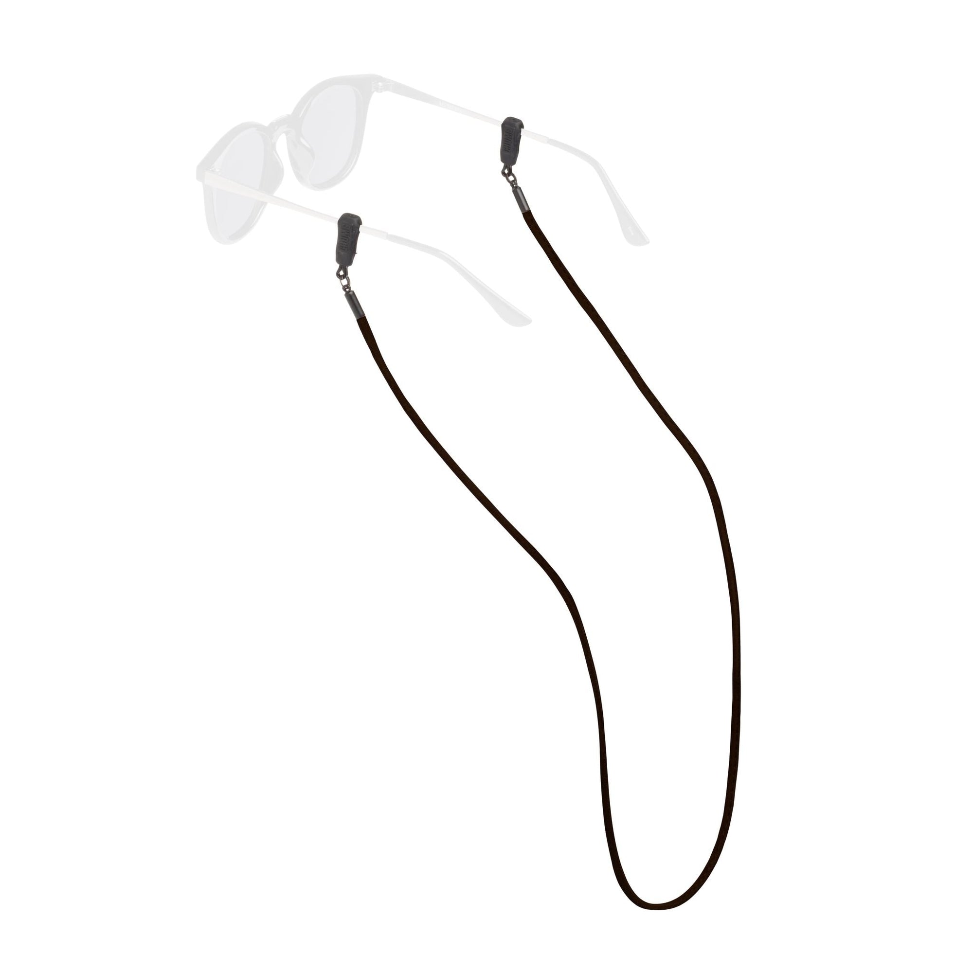 Brown suede eyewear retainer strap with adjustable ends attached to clear safety glasses