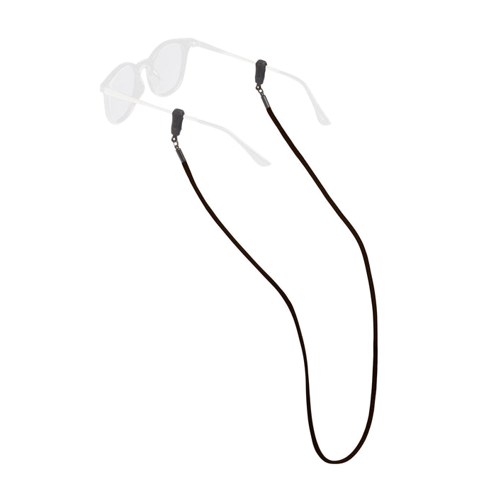 Brown suede eyewear retainer strap with adjustable ends attached to clear safety glasses