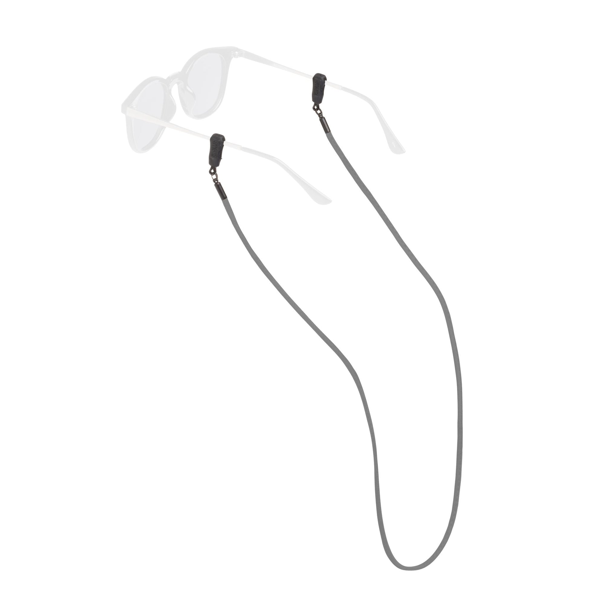 Gray eyewear retainer strap with black end pieces attached to clear glasses frame
