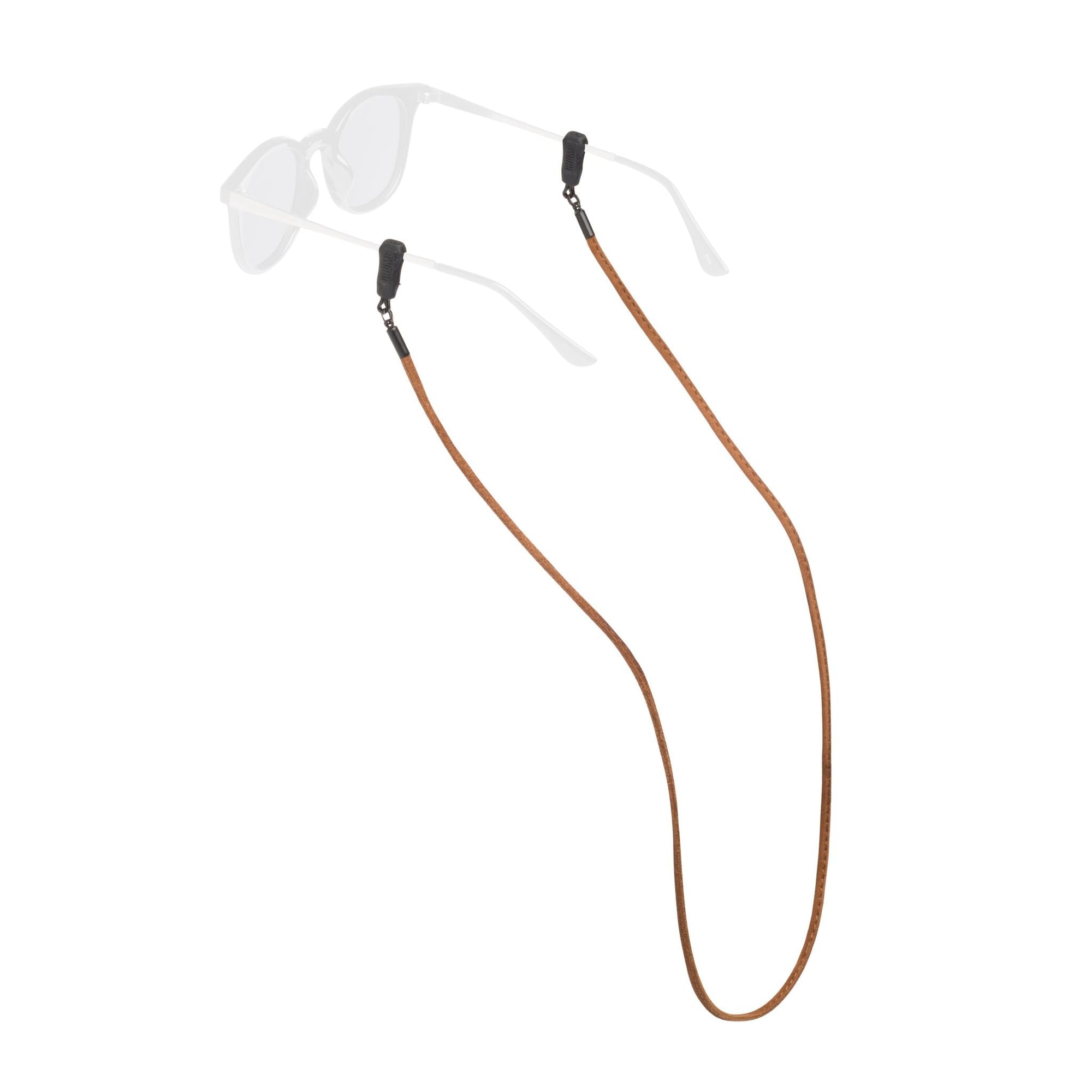 Brown suede eyewear retainer strap with black connectors attached to clear safety glasses