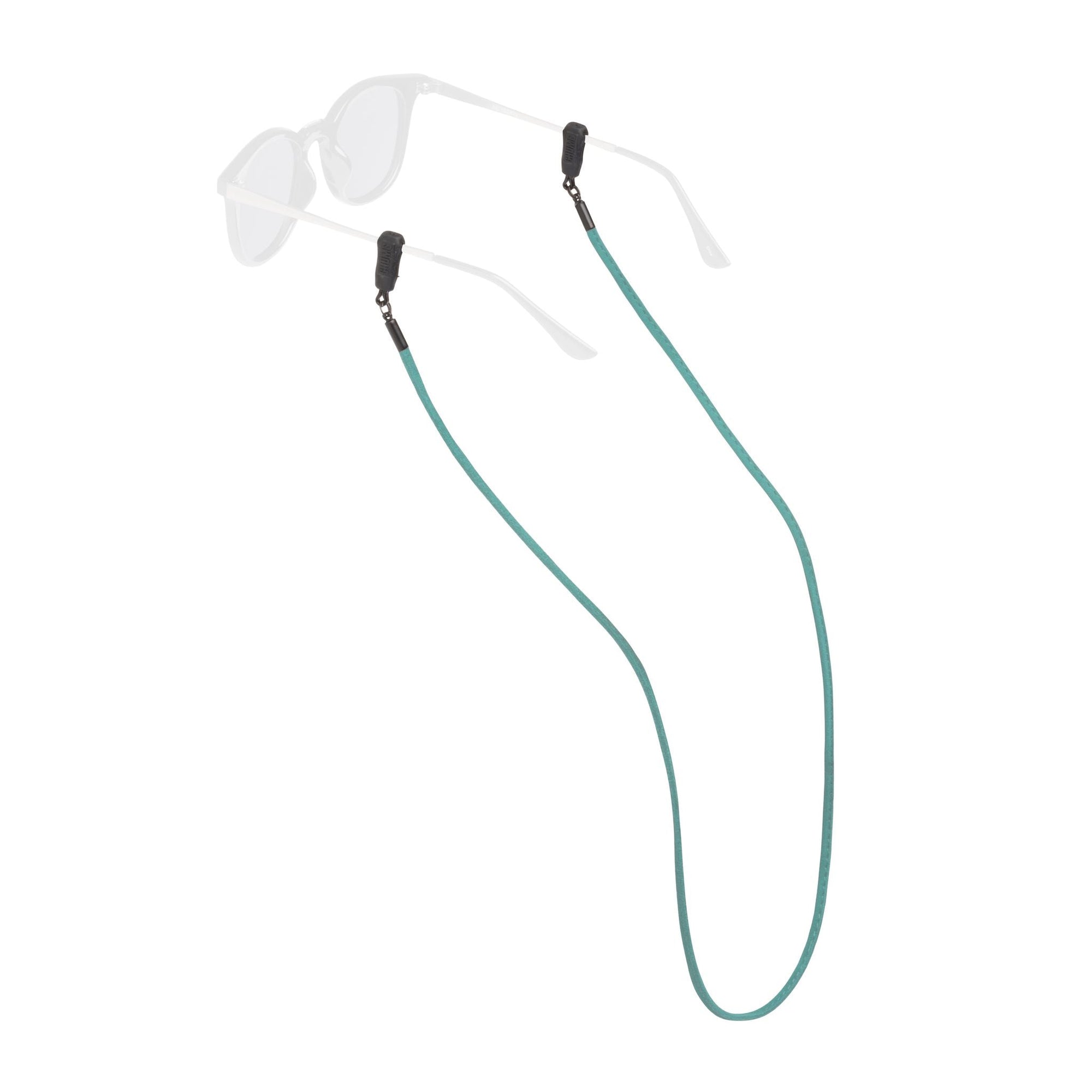 Teal eyewear retainer strap with clips attached to clear safety glasses on white background