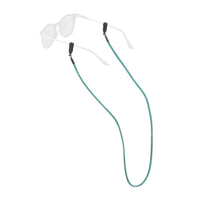Teal eyewear retainer strap with clips attached to clear safety glasses on white background