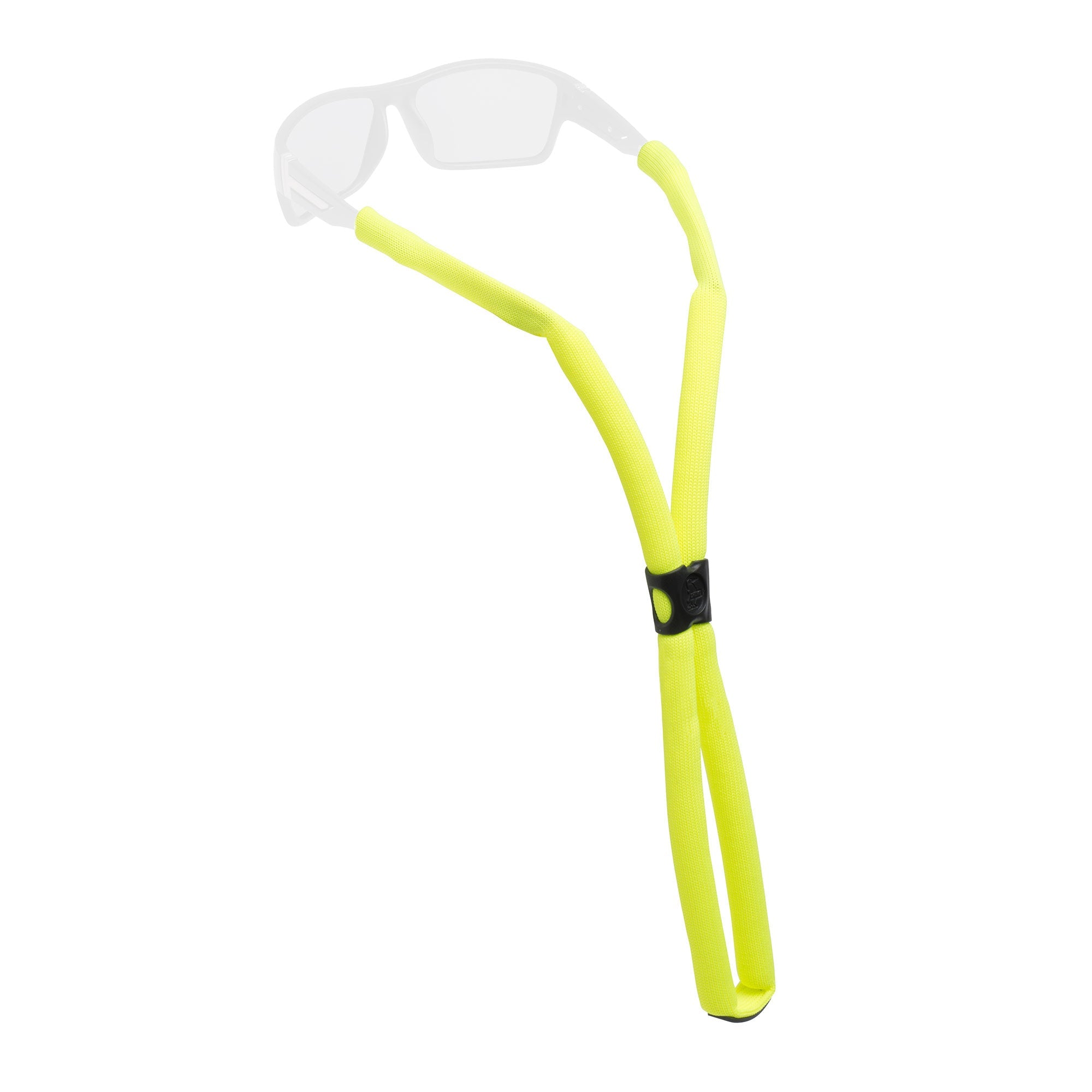 Bright yellow floating eyewear retainer with black adjustment slider on clean white background