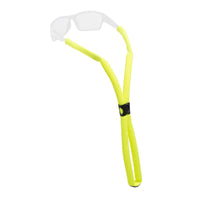 Bright yellow floating eyewear retainer with black adjustment slider on clean white background