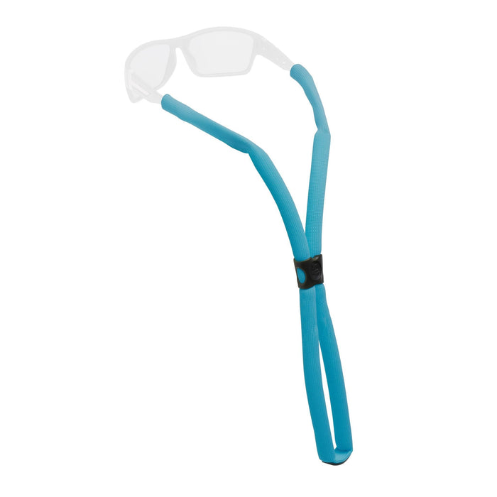 Turquoise floating eyewear retainer with adjustable cord and temple grips on white background