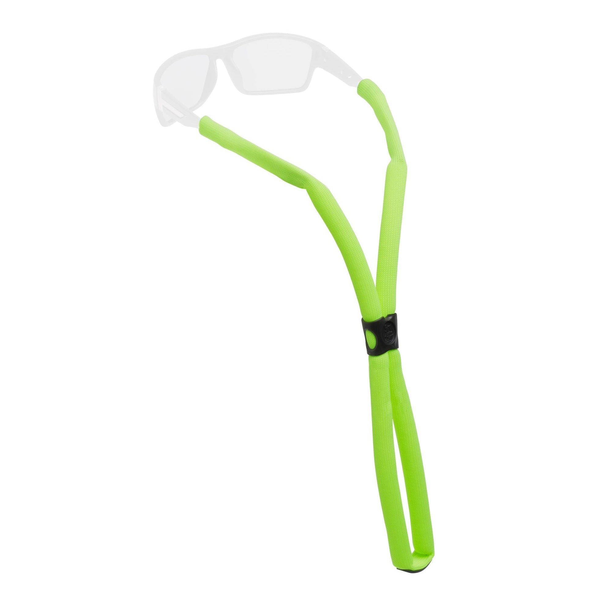 Bright green floating eyewear retainer strap with black adjustment clip and sunglasses