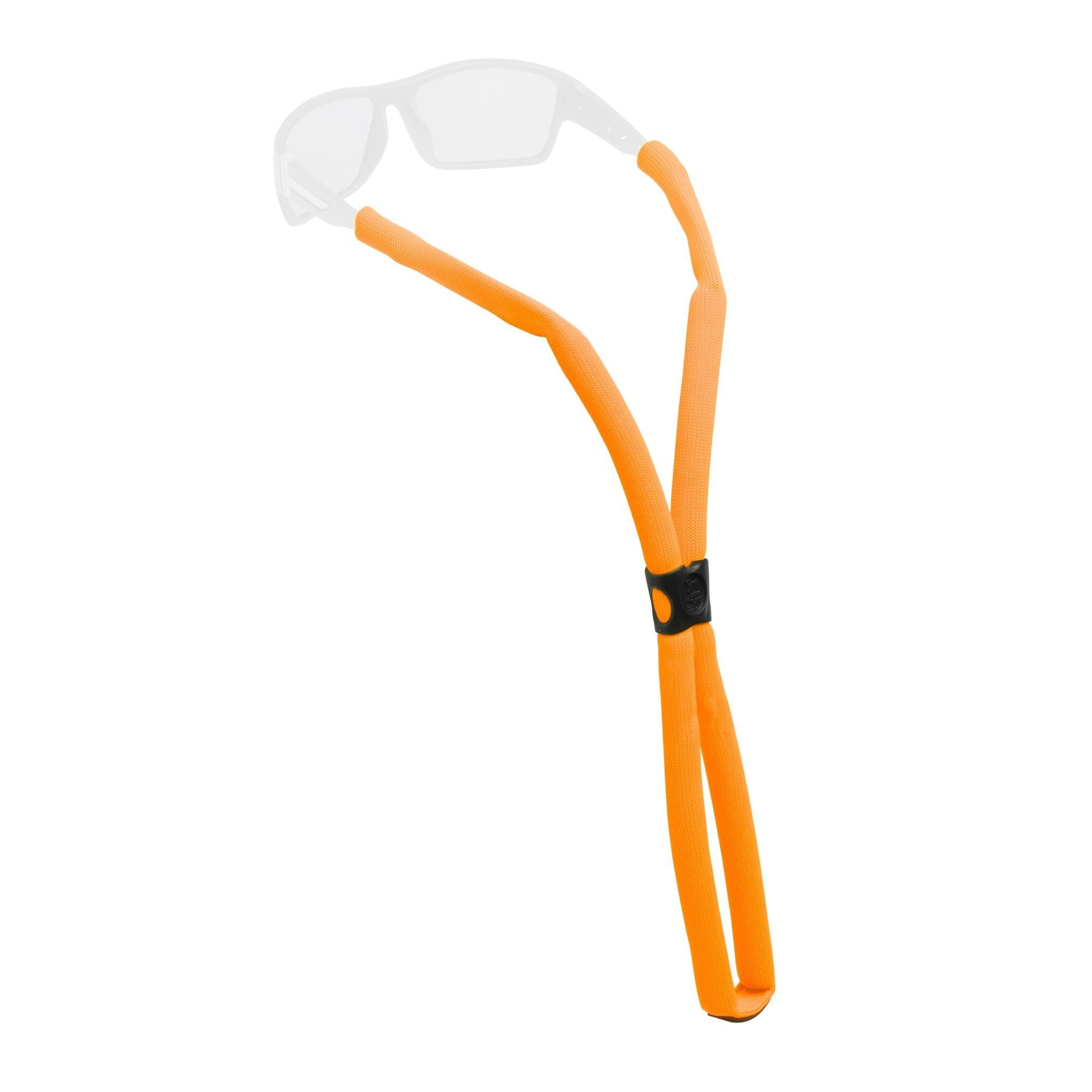Orange floating eyewear retainer strap with black adjustment clip and clear glasses frame