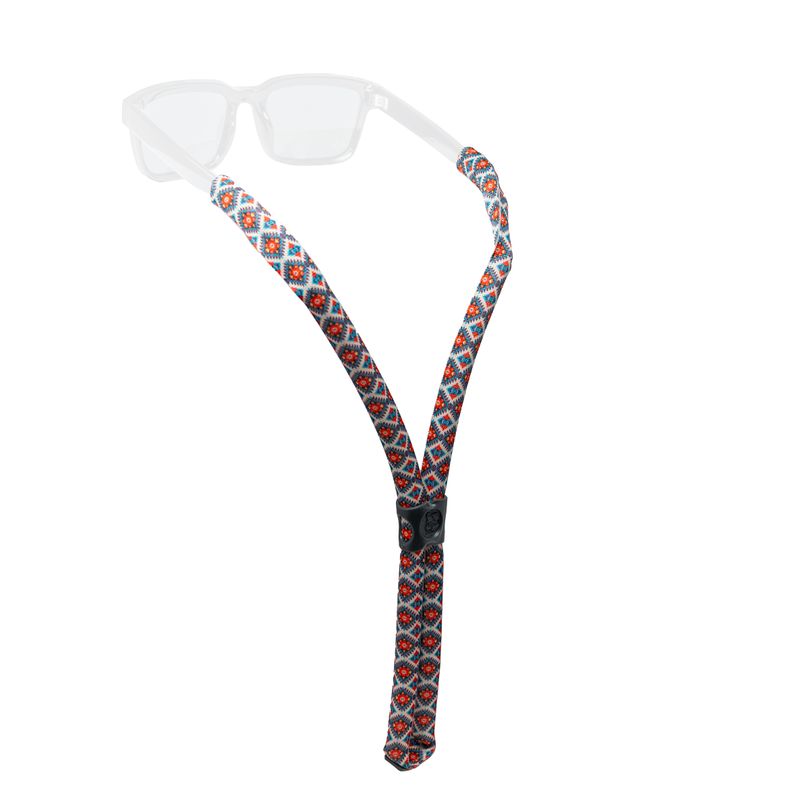 Floating eyewear retainer with colorful geometric diamond pattern attached to clear sunglasses