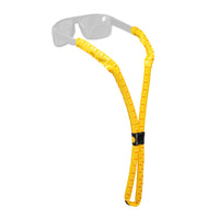 Bright yellow patterned floating eyewear retainer strap attached to clear sunglasses on white background