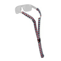 Floating eyewear retainer with red, white and blue striped pattern attached to safety glasses