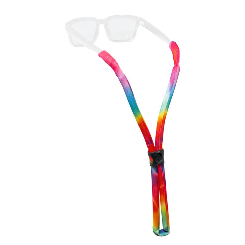Floating eyewear retainer strap with rainbow gradient pattern and adjustment slider, shown with clear glasses