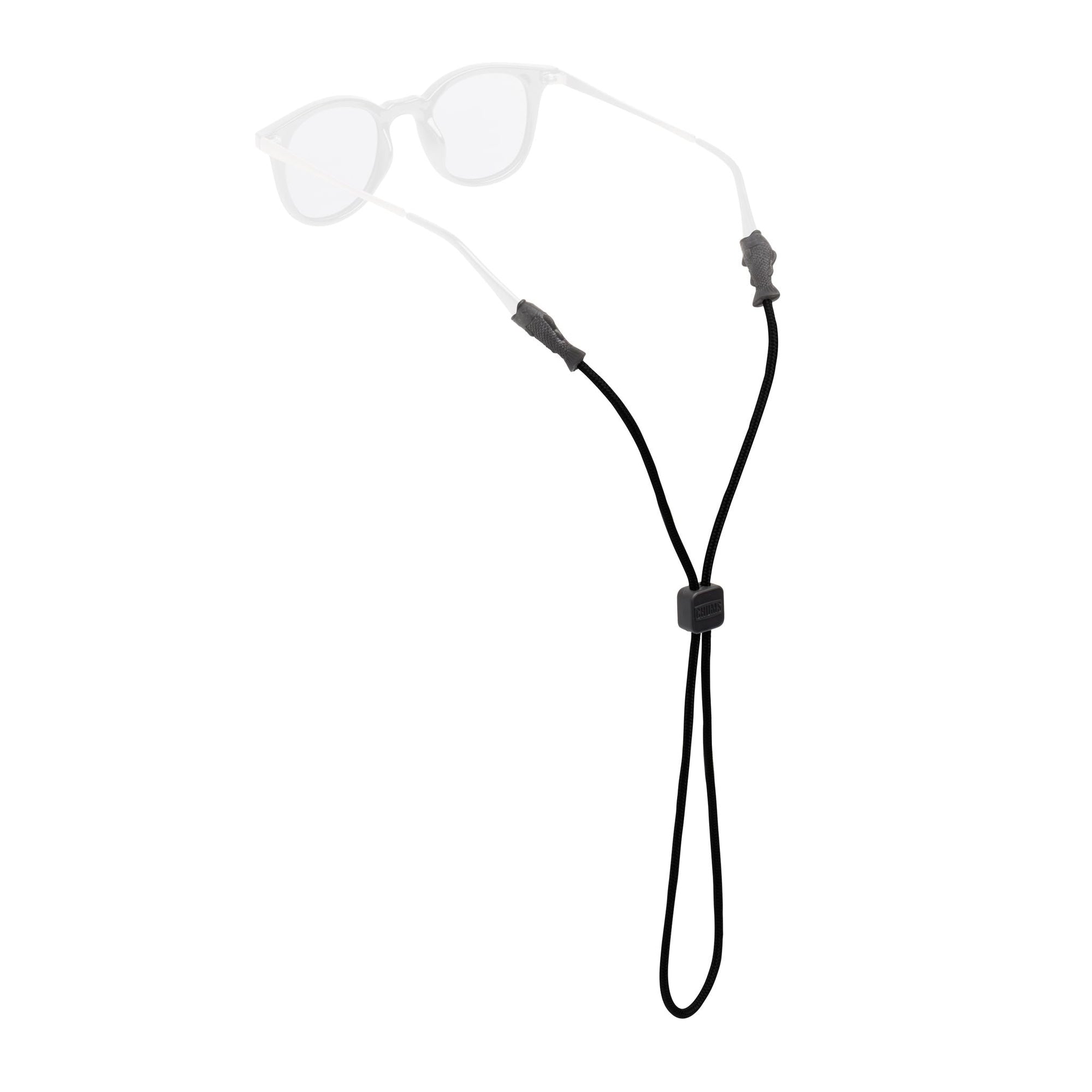 Black eyewear retainer strap with adjustable cord lock and rubber temple grips