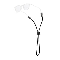Black eyewear retainer strap with adjustable cord lock and rubber temple grips