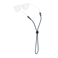 Navy blue eyewear retainer strap with adjustable cord lock and rubber temple grips