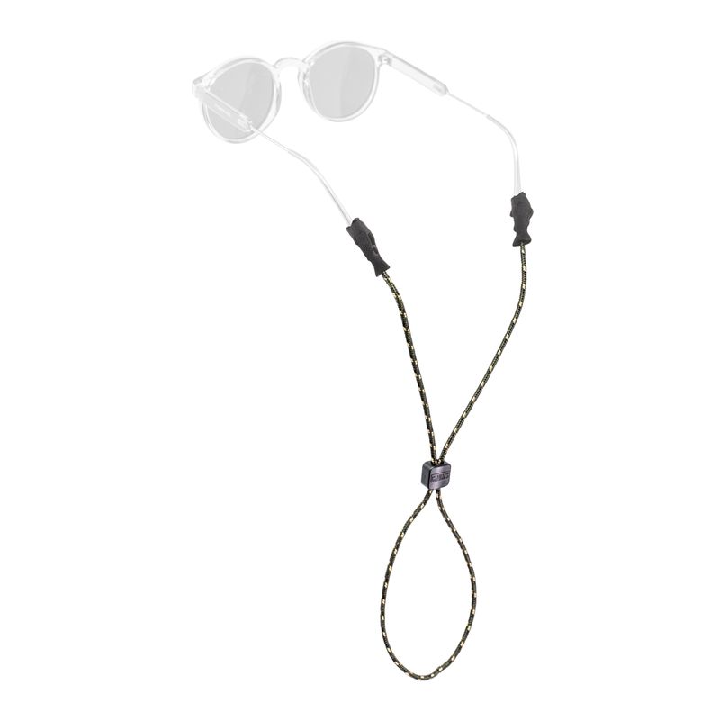 Eyewear retainer strap with braided cord, rubber grips, and adjustable slider attached to clear sunglasses