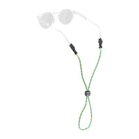 Eyewear retainer with multicolor braided cord and adjustable slider, shown with clear sunglasses