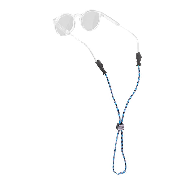 Blue braided eyewear retainer strap attached to clear sunglasses on white background