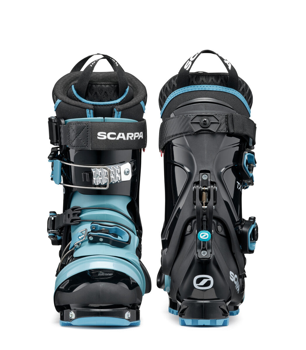 Alpine ski boots shown from front and rear angles, featuring buckle closures and blue accents