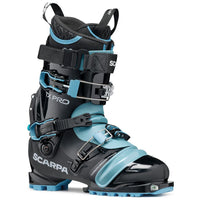 Alpine touring ski boot with four buckles, black shell and light blue accents, side view
