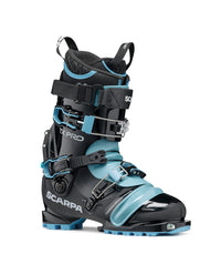 Alpine touring ski boot with three buckles, black shell and light blue accents, side view