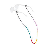 Colorful gradient eyewear retainer strap with rainbow pattern and black temple attachments