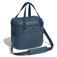 Insulated soft cooler bag with dual handles and shoulder strap, angled view