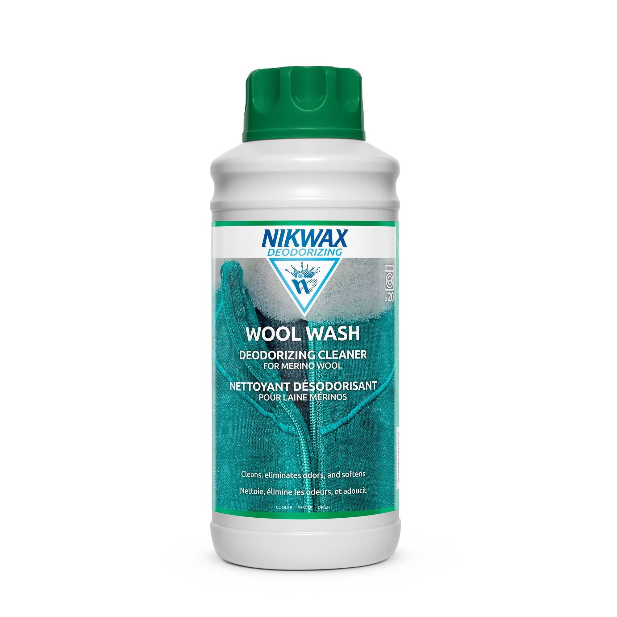 White bottle with green cap containing wool wash cleaner, front product view