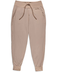 Light tan jogger pants with drawstring waist and elastic cuffs, front view